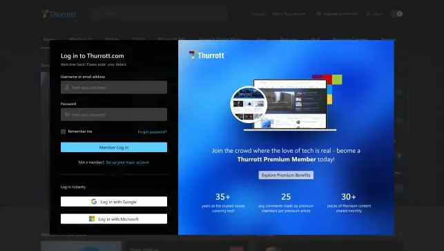Login popup on Thurrott.com
