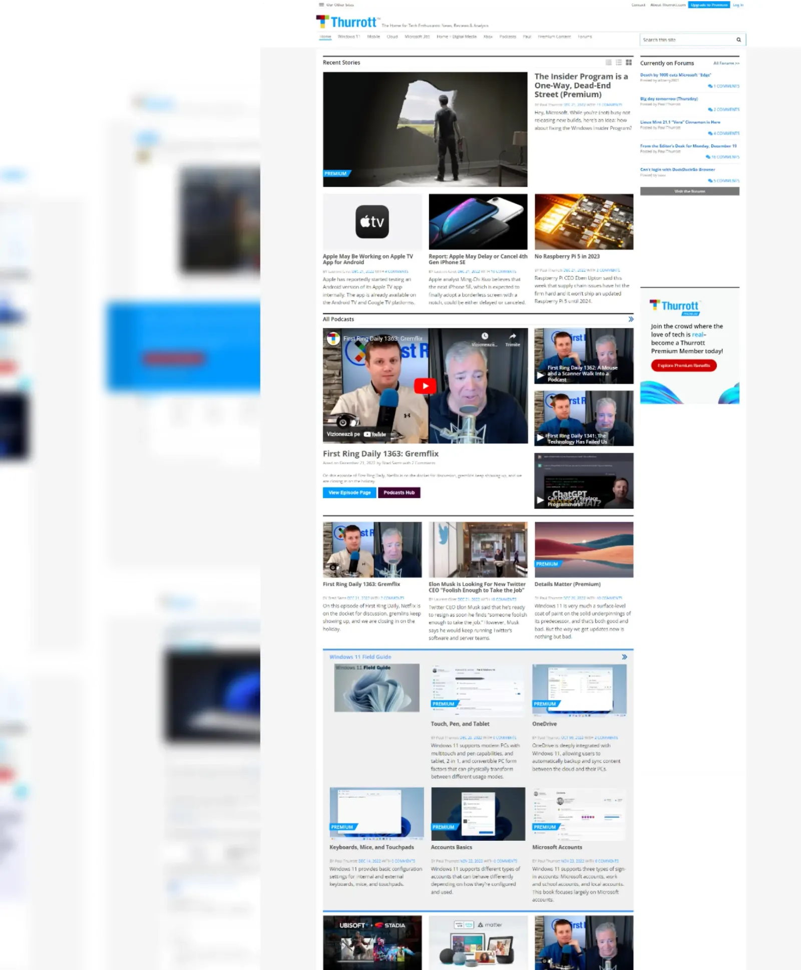 Thurrott.com homepage before the redesign