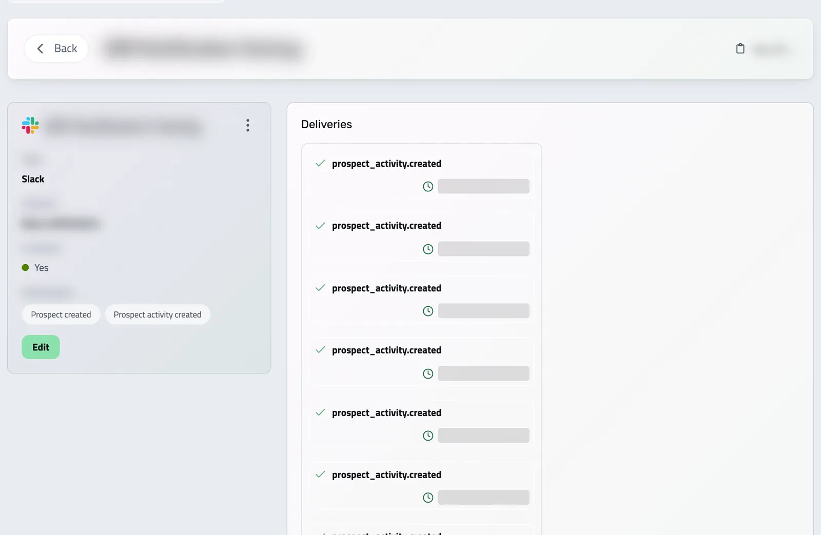 O destinație Slack cu evenimentele pe care le publică și livrările recente