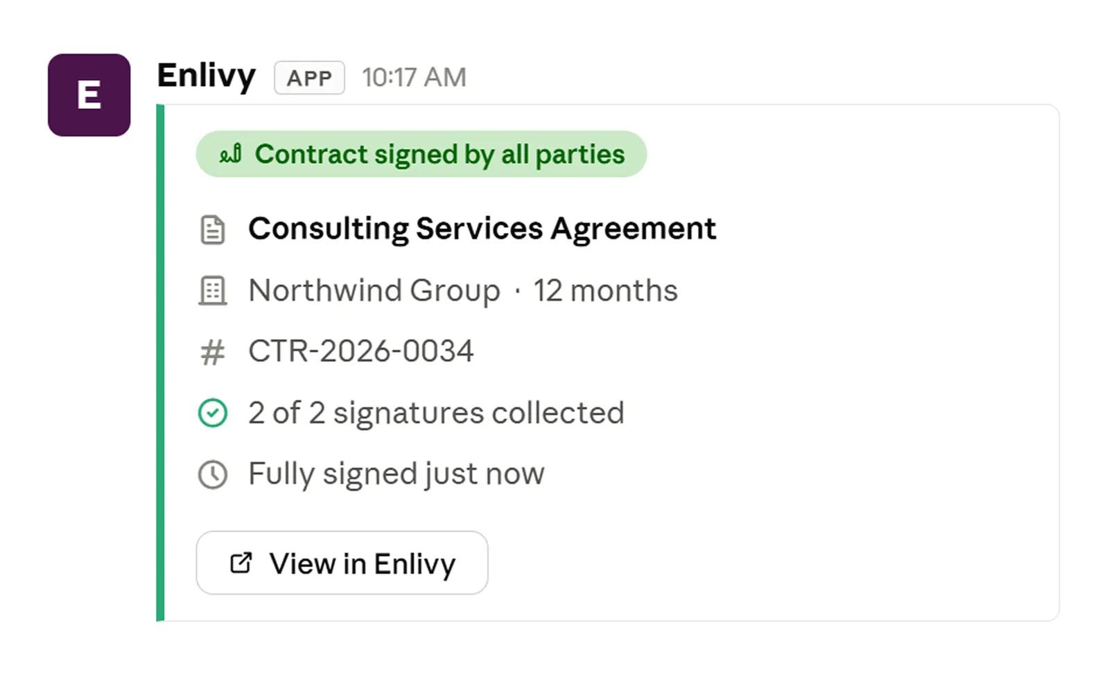 Notificare Slack la semnarea contractului Notificare Slack primită în momentul în care un contract a fost semnat de toate părțile