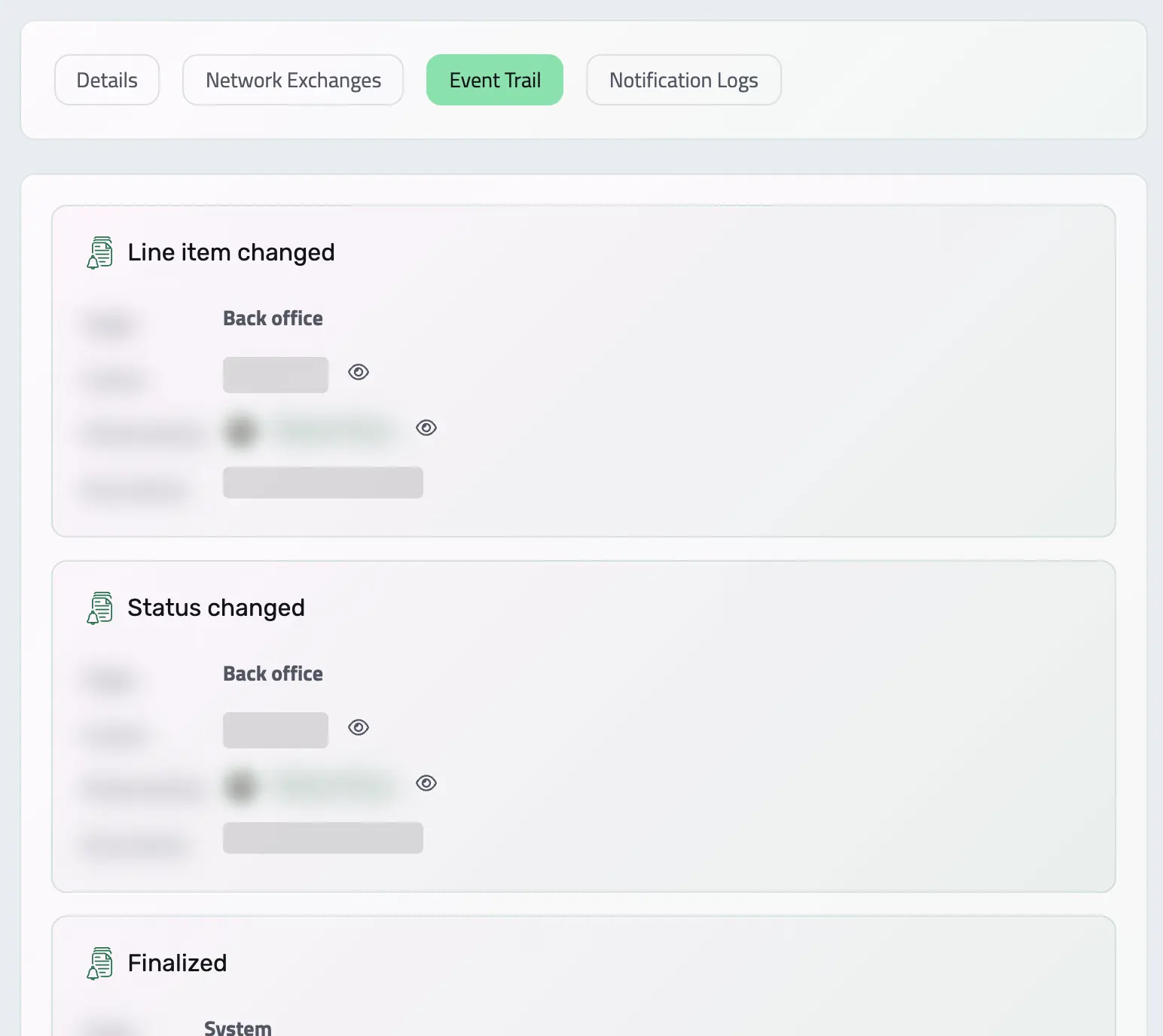 Jurnalul de evenimente al unei facturi: un element modificat, statusul schimbat, finalizarea, fiecare din back office sau din sistem
