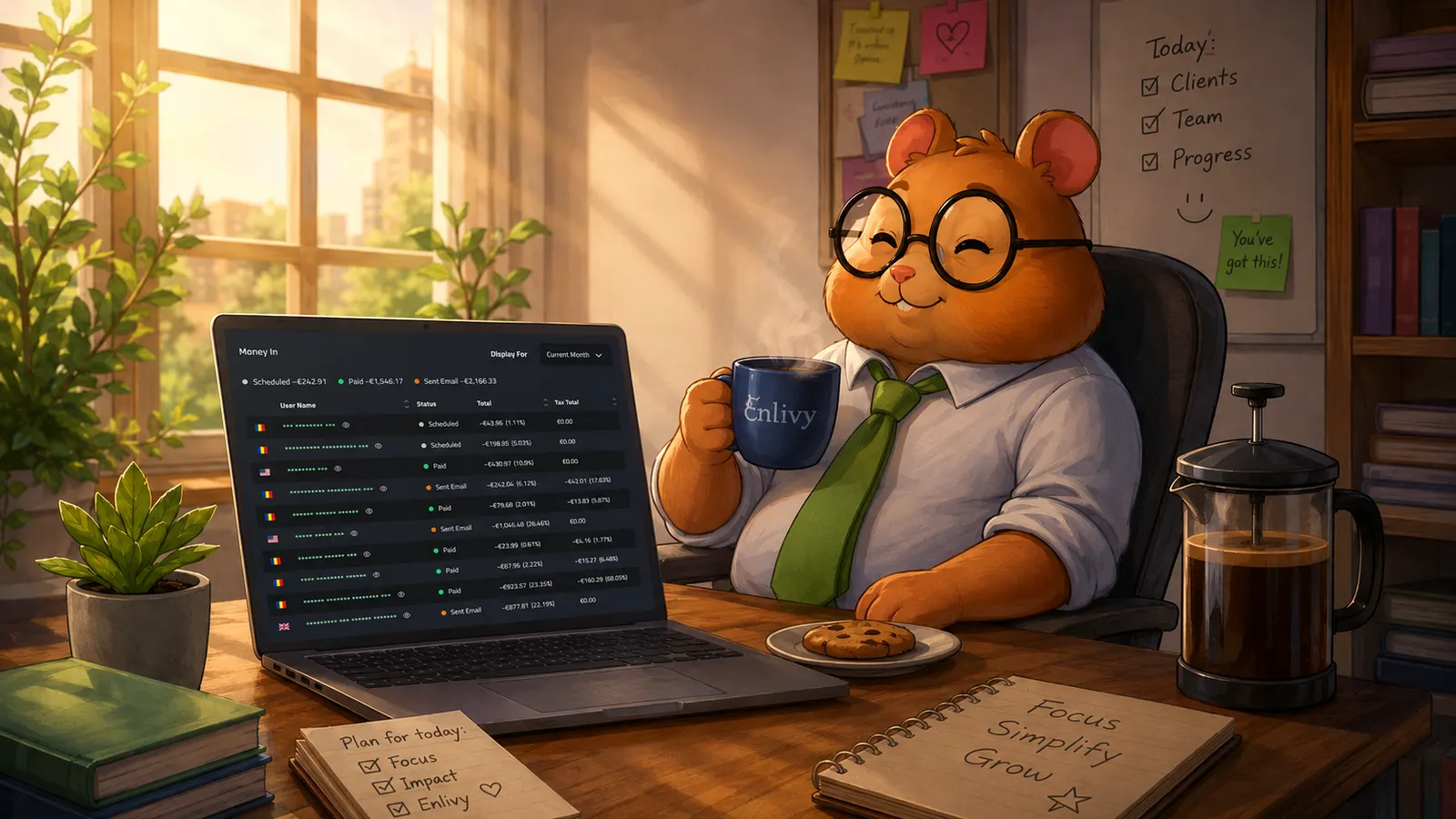 Dimineață liniștită la a doua cafea, cu dashboard-ul Enlivy deschis pe laptop.