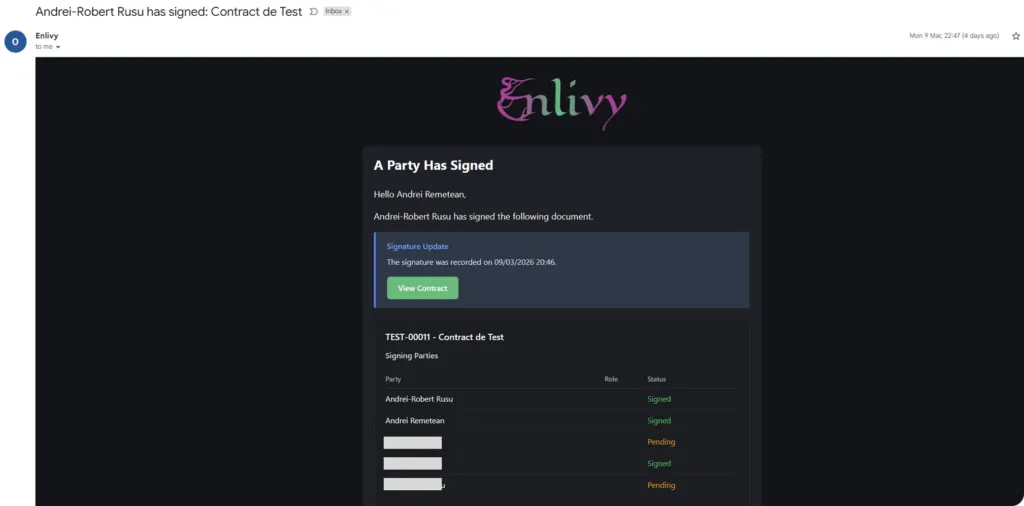 Notificare pe email pentru semnarea unui contract în Enlivy