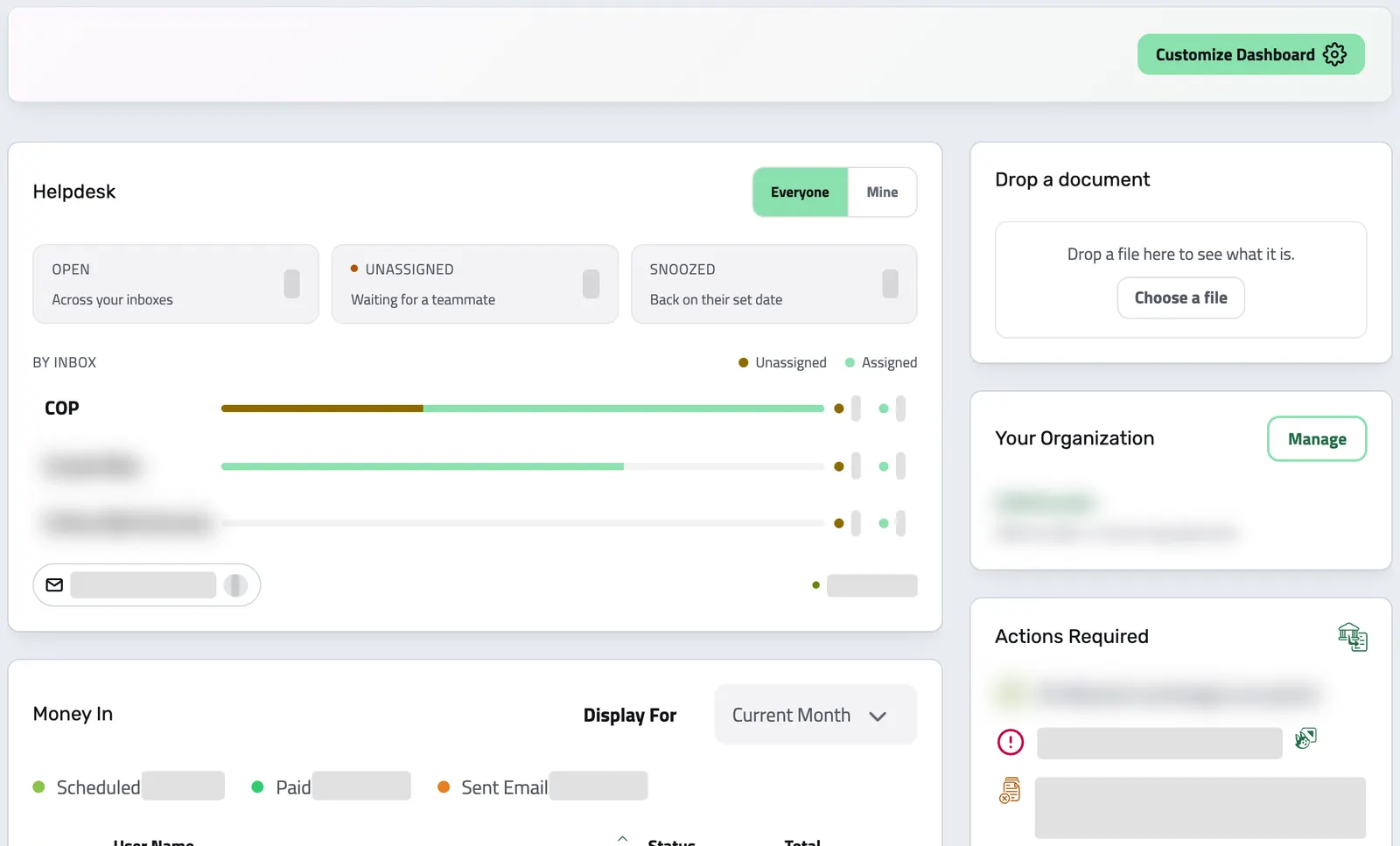 Dashboardul cu widgeturi pentru Helpdesk, documente, organizație și bani, cu cifrele private estompate