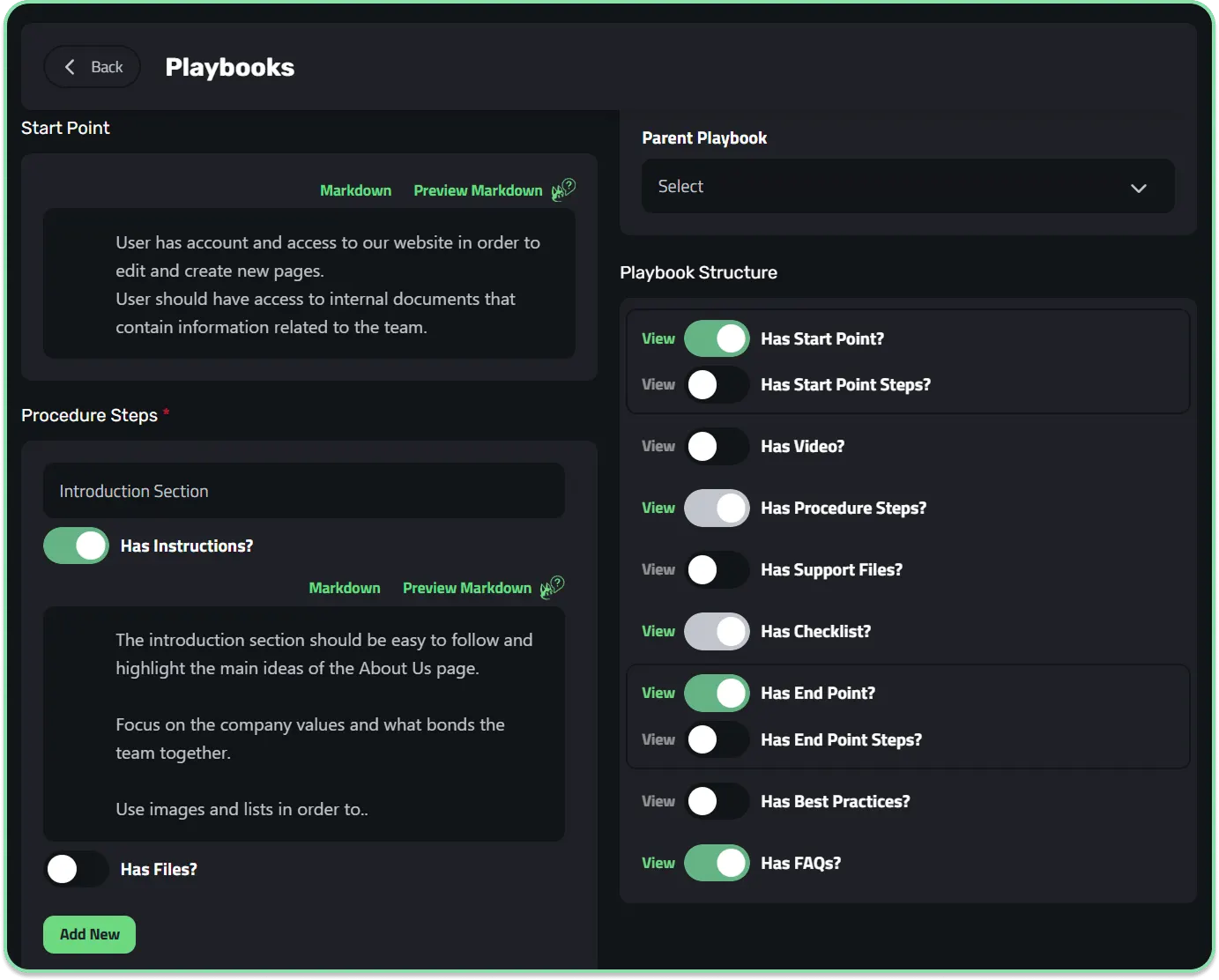 Selectarea structurii playbook-ului în Enlivy