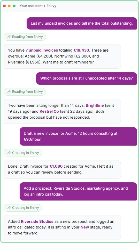 Conversație cu date live de business Enlivy printr-un asistent AI