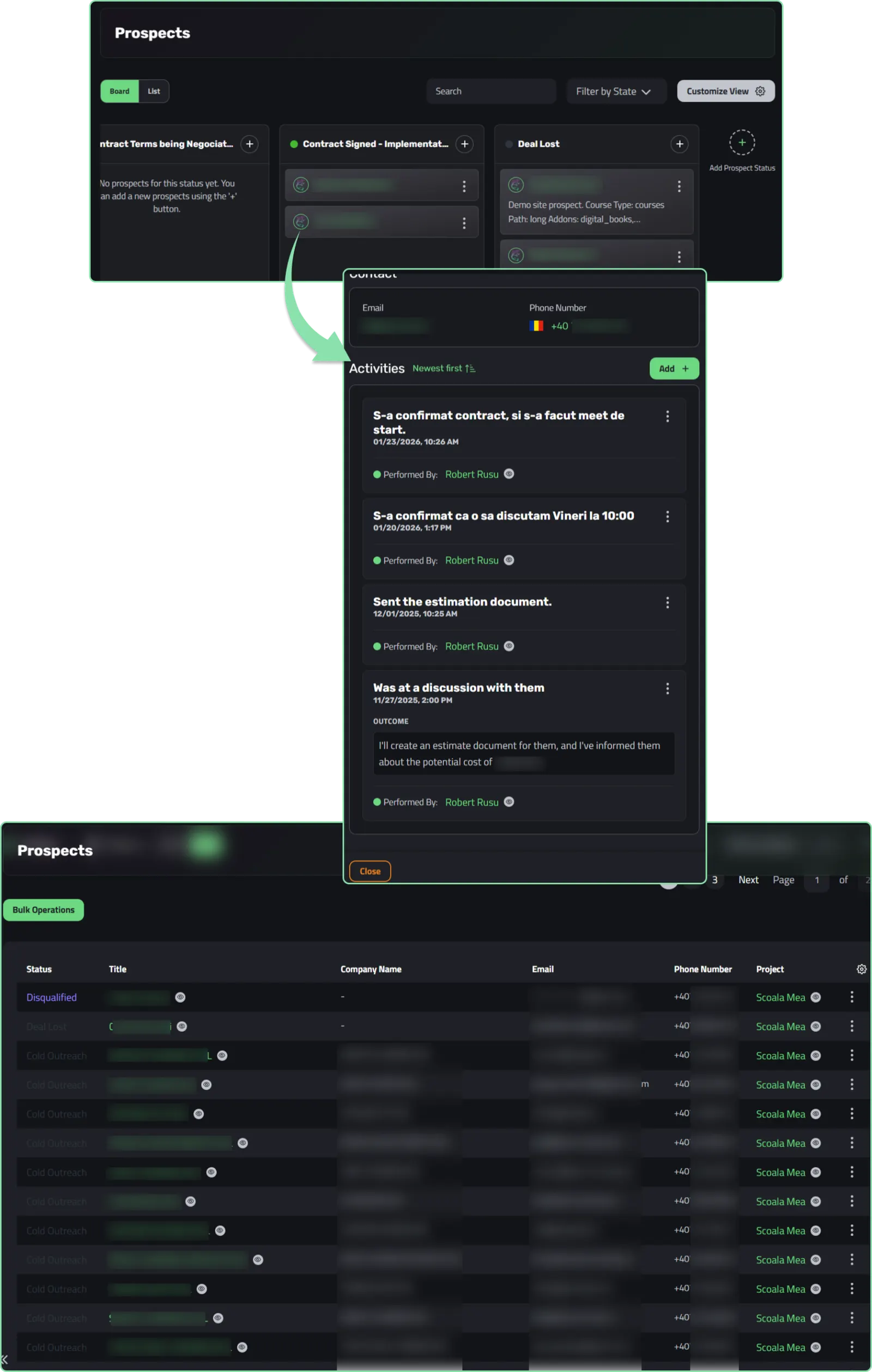 Timeline-ul de activitate al unui prospect în Enlivy